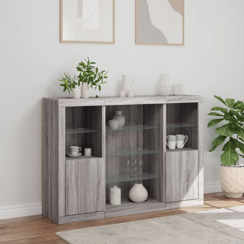 Casa si Gradina - Mobilier - Comode si corpuri - Comode - Servanta cu lumini LED, 3 buc., gri sonoma, lemn prelucrat - Infinity.ro