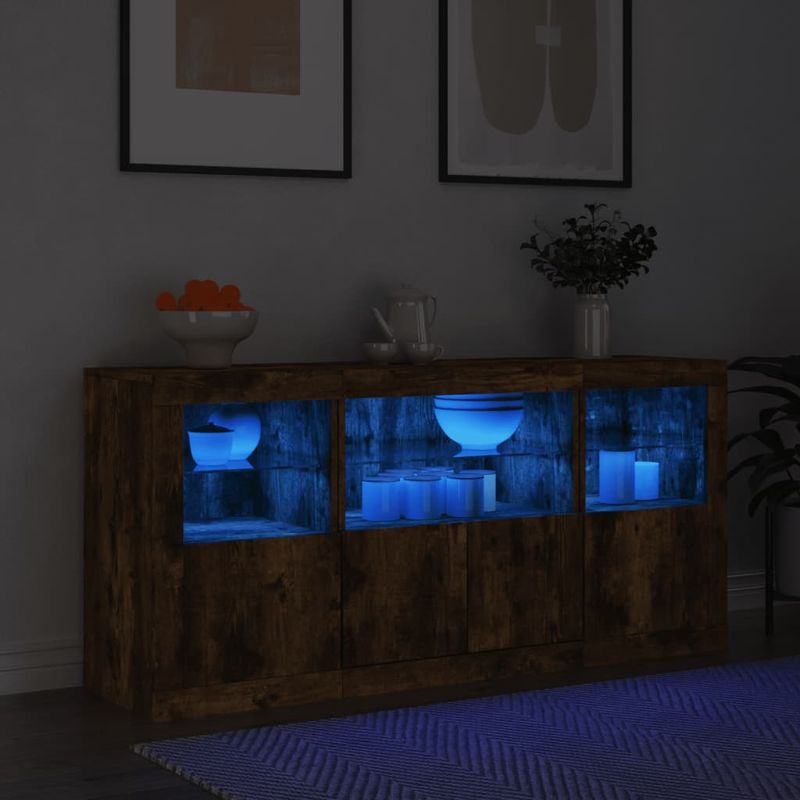 Casa si Gradina - Mobilier - Comode si corpuri - Comode - Servanta cu lumini LED, stejar fumuriu, 142,5x37x67 cm - Infinity.ro