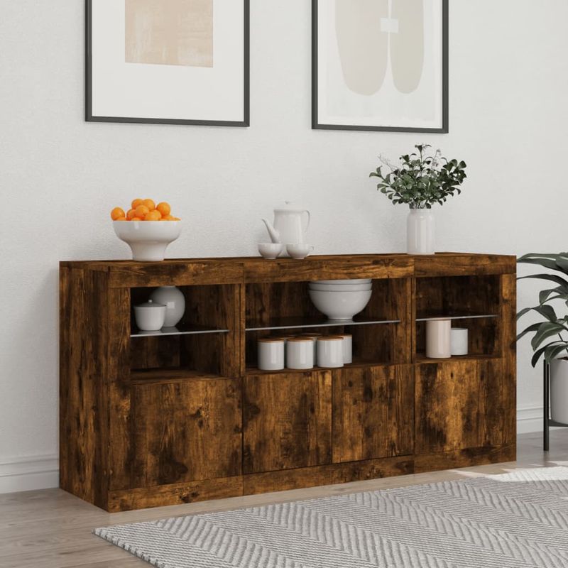 Casa si Gradina - Mobilier - Comode si corpuri - Comode - Servanta cu lumini LED, stejar fumuriu, 142,5x37x67 cm - Infinity.ro