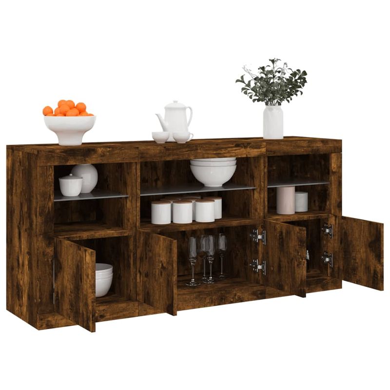 Casa si Gradina - Mobilier - Comode si corpuri - Comode - Servanta cu lumini LED, stejar fumuriu, 142,5x37x67 cm - Infinity.ro