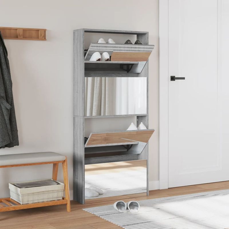 Casa si Gradina - Mobilier - Organizare si depozitare - Organizator incaltaminte - Pantofar cu oglinda, 4 niveluri, gri sonoma, 63x17x134 cm - Infinity.ro