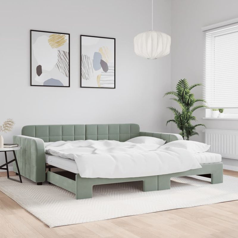 Casa si Gradina - Mobilier - Paturi si accesorii - Paturi - Pat de zi cu extensie si saltele gri deschis 100x200 cm catifea - Infinity.ro