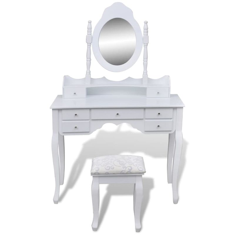 Casa si Gradina - Mobilier - Comode si corpuri - Masute de toaleta - Masa de toaleta cu oglinda si taburet, 7 sertare, alb - Infinity.ro