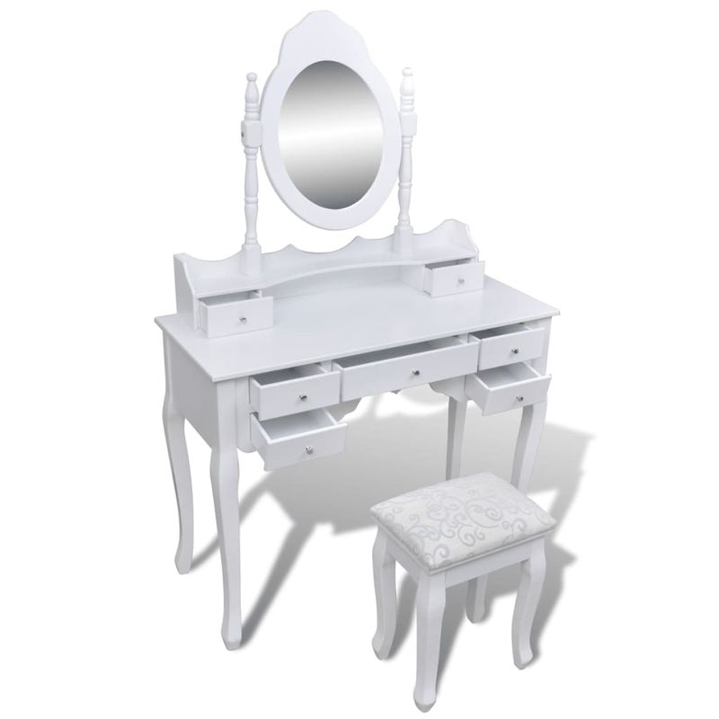 Casa si Gradina - Mobilier - Comode si corpuri - Masute de toaleta - Masa de toaleta cu oglinda si taburet, 7 sertare, alb - Infinity.ro