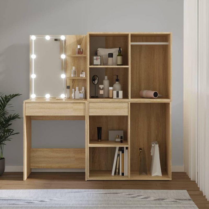 Casa si Gradina - Mobilier - Comode si corpuri - Masute de toaleta - Masa toaleta cu LED/2 dulapuri, stejar sonoma, lemn prelucrat - Infinity.ro