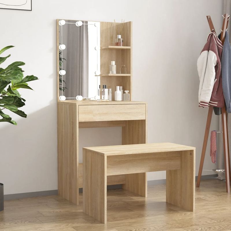 Casa si Gradina - Mobilier - Comode si corpuri - Masute de toaleta - Set de masuta de toaleta cu LED, stejar sonoma, lemn prelucrat - Infinity.ro