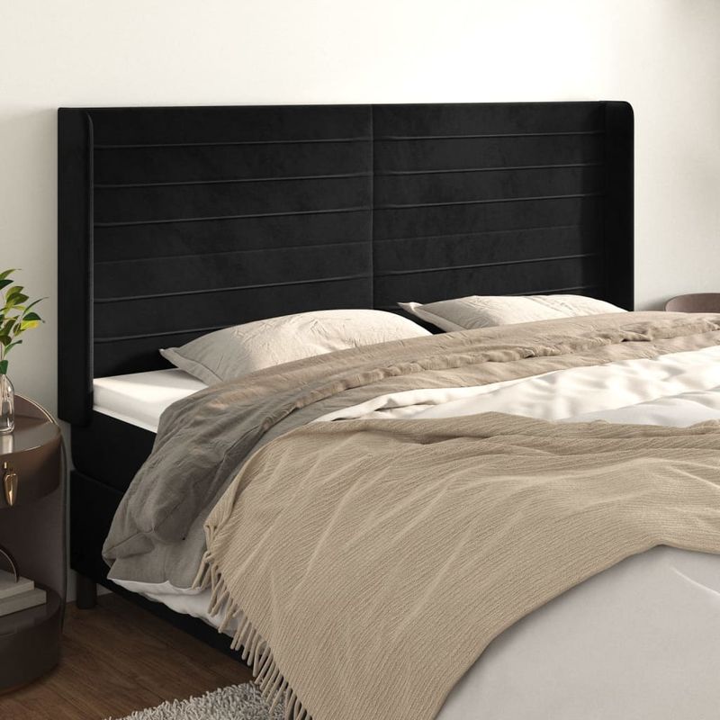 Casa si Gradina - Mobilier - Paturi si accesorii - Accesorii paturi - Tablie de pat cu aripioare, negru, 163x16x118/128 cm, catifea - Infinity.ro