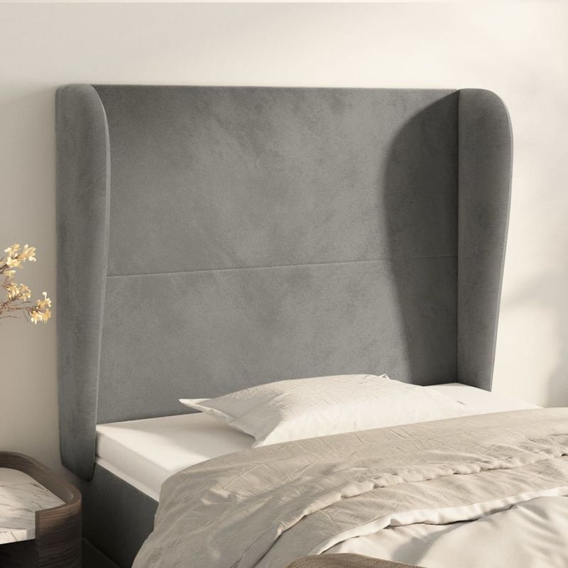 Casa si Gradina - Mobilier - Paturi si accesorii - Accesorii paturi - Tablie de pat cu aripioare gri deschis 83x23x118/128 cm catifea - Infinity.ro