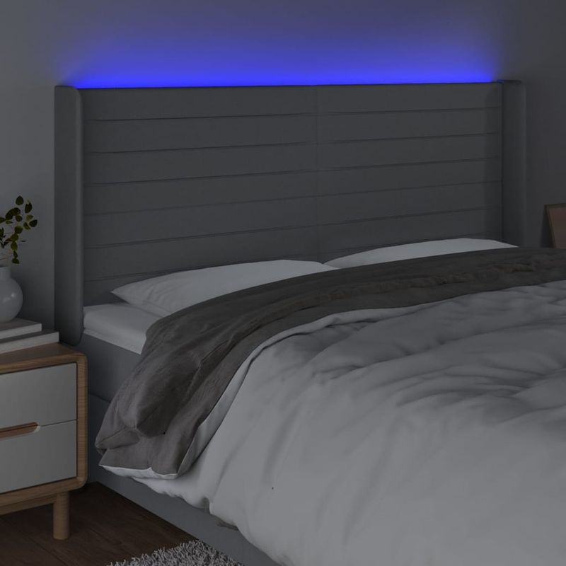 Casa si Gradina - Mobilier - Paturi si accesorii - Accesorii paturi - Tablie de pat cu LED, gri deschis, 183x16x118/128 cm, textil - Infinity.ro