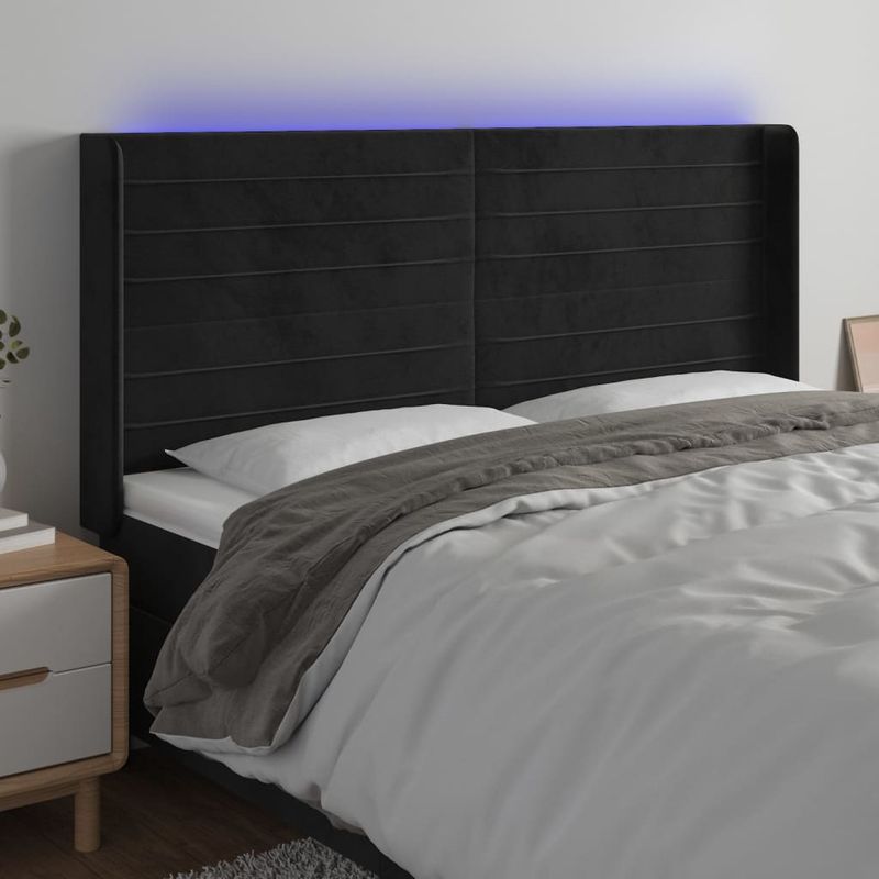 Casa si Gradina - Mobilier - Paturi si accesorii - Accesorii paturi - Tablie de pat cu LED, negru, 203x16x118/128 cm, catifea - Infinity.ro