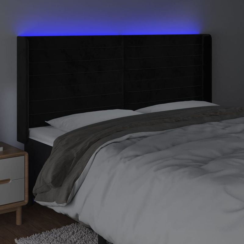 Casa si Gradina - Mobilier - Paturi si accesorii - Accesorii paturi - Tablie de pat cu LED, negru, 203x16x118/128 cm, catifea - Infinity.ro