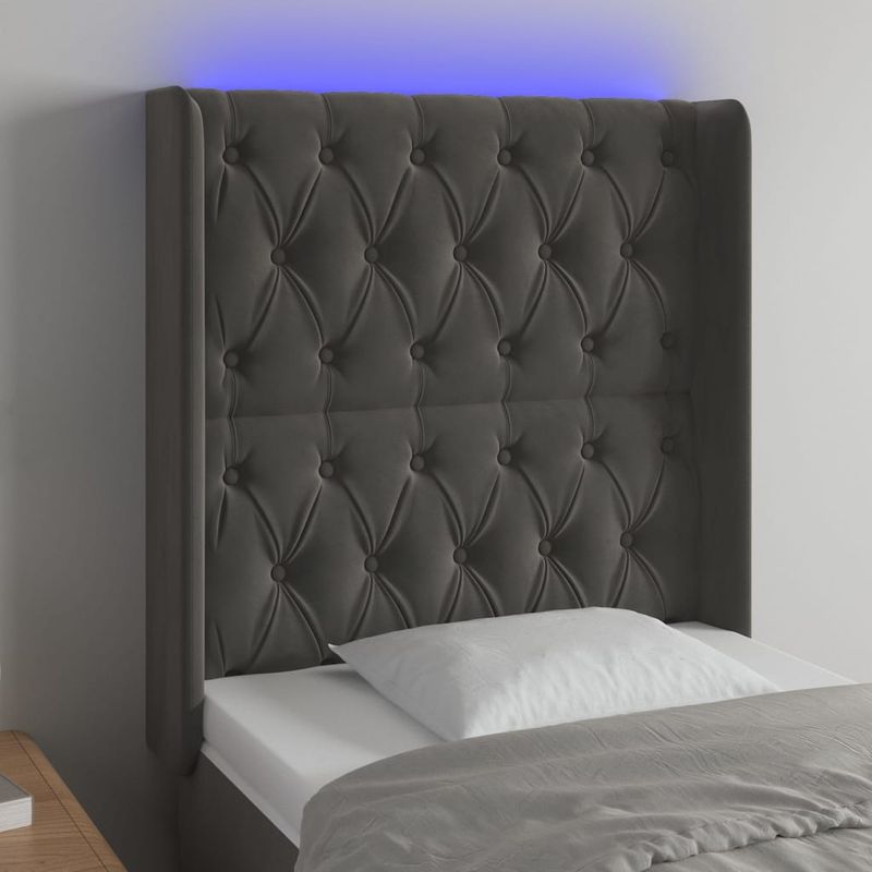 Casa si Gradina - Mobilier - Paturi si accesorii - Accesorii paturi - Tablie de pat cu LED, gri inchis, 83x16x118/128 cm, catifea - Infinity.ro