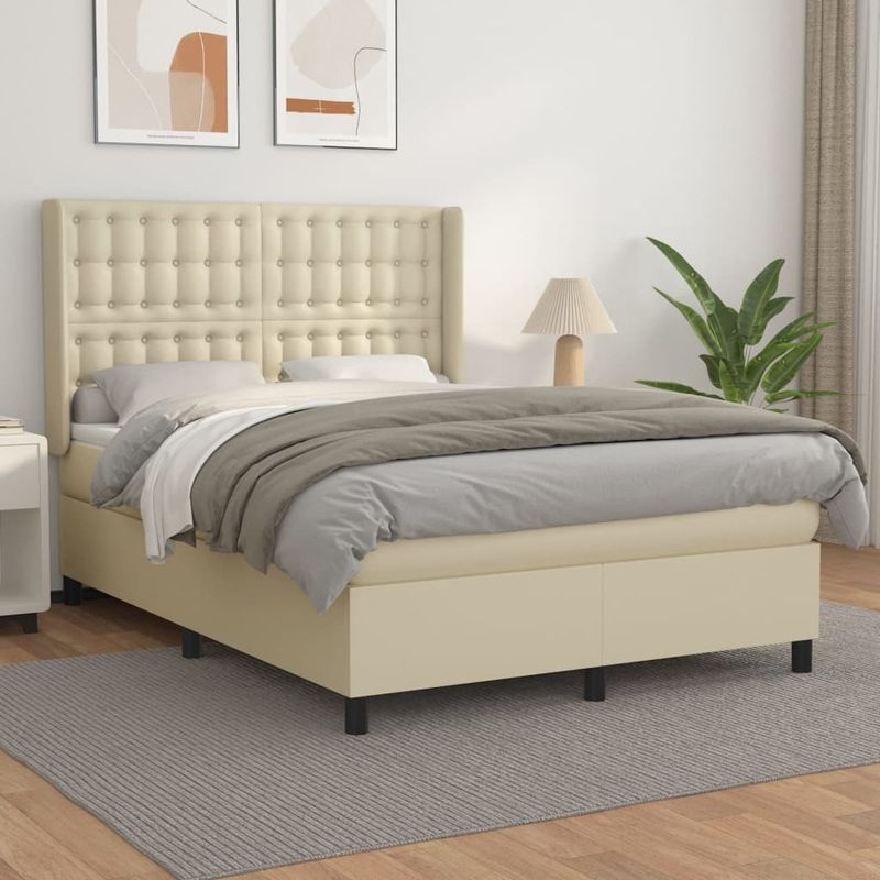 Casa si Gradina - Mobilier - Paturi si accesorii - Paturi - Pat box spring cu saltea, crem, 140x190 cm, piele ecologica - Infinity.ro