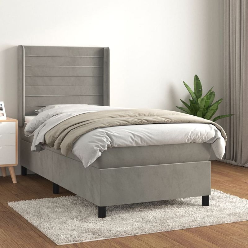 Casa si Gradina - Mobilier - Paturi si accesorii - Paturi - Pat box spring cu saltea, gri deschis, 90x190 cm, catifea - Infinity.ro
