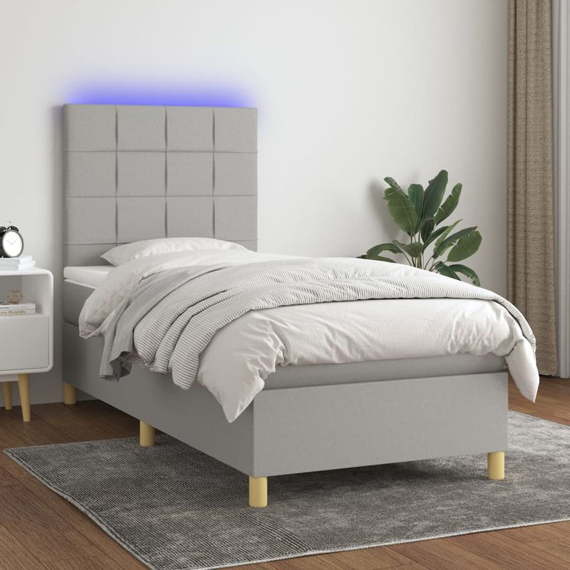 Casa si Gradina - Mobilier - Paturi si accesorii - Paturi - Pat cu arcuri, saltea si LED, gri deschis, 90x190 cm, textil - Infinity.ro
