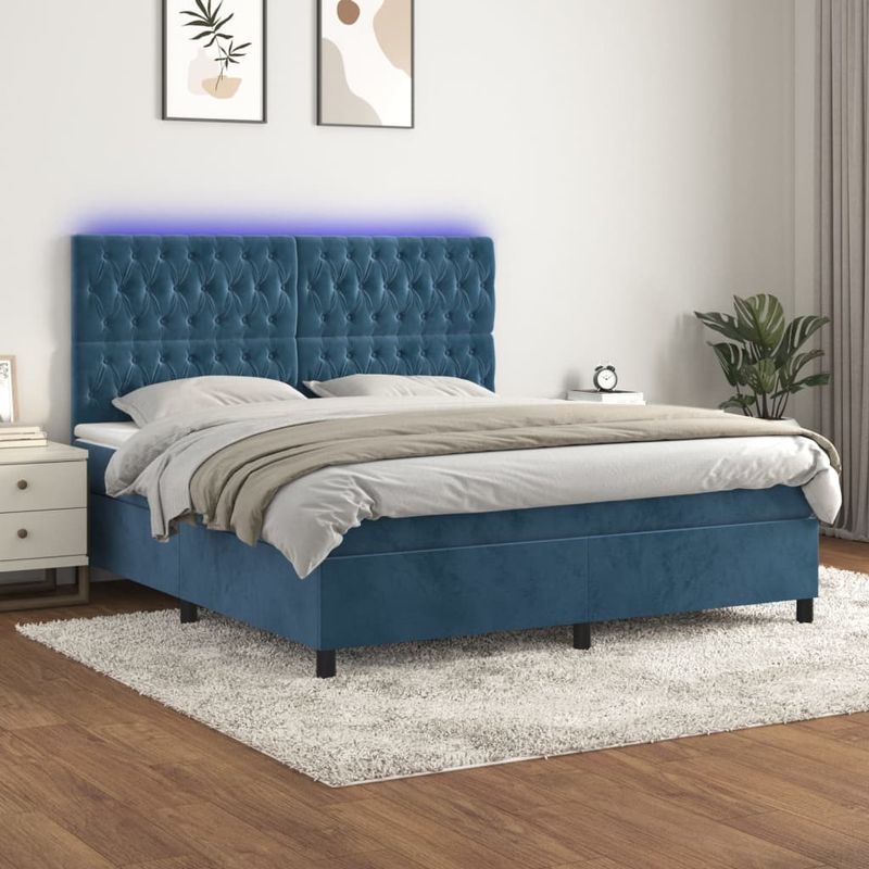 Casa si Gradina - Mobilier - Paturi si accesorii - Paturi - Pat cu arcuri, saltea si LED, bleumarin, 180x200 cm, catifea - Infinity.ro