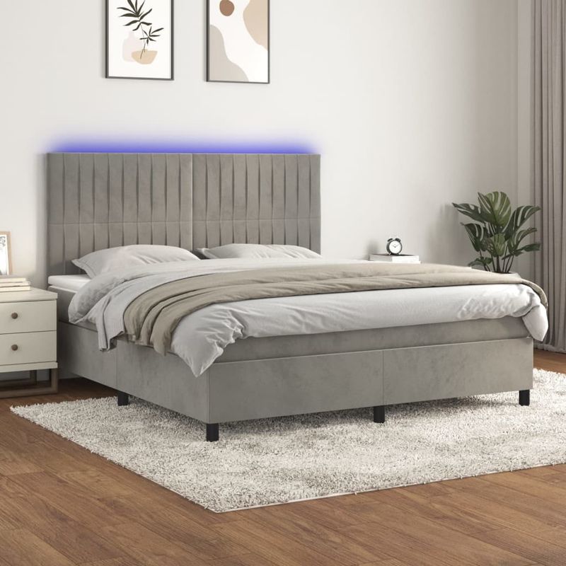 Casa si Gradina - Mobilier - Paturi si accesorii - Paturi - Pat cu arcuri, saltea si LED, gri deschis, 160x200 cm, catifea - Infinity.ro