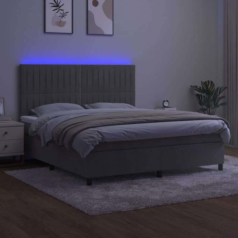 Casa si Gradina - Mobilier - Paturi si accesorii - Paturi - Pat cu arcuri, saltea si LED, gri deschis, 160x200 cm, catifea - Infinity.ro