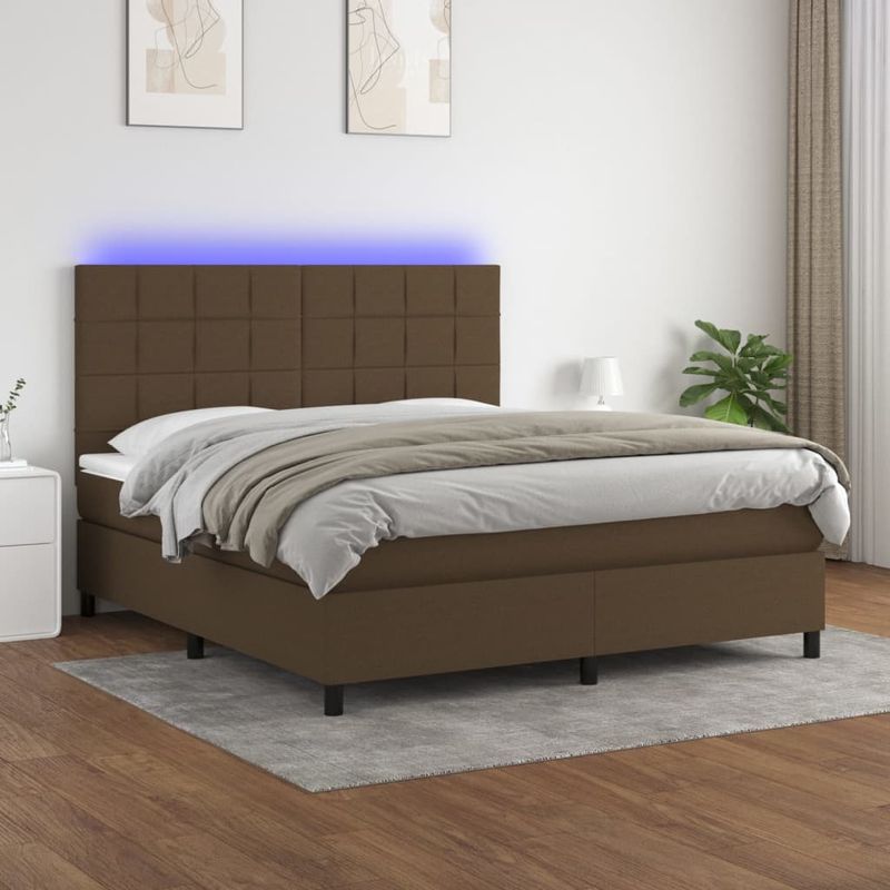 Casa si Gradina - Mobilier - Paturi si accesorii - Paturi - Pat cu arcuri, saltea si LED, maro inchis, 160x200 cm, textil - Infinity.ro