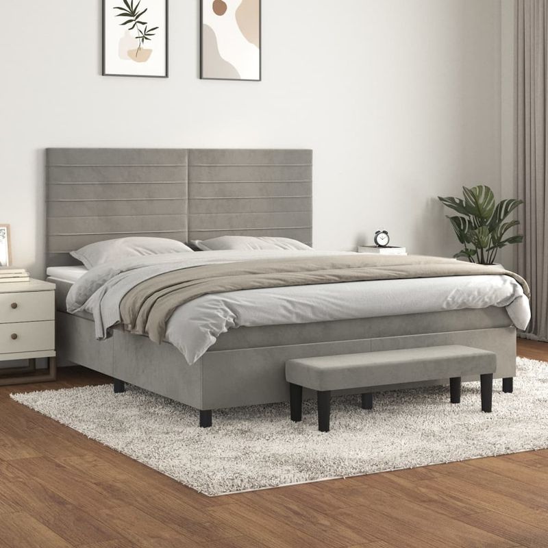 Casa si Gradina - Mobilier - Paturi si accesorii - Paturi - Pat box spring cu saltea, gri deschis, 160x200 cm, catifea - Infinity.ro