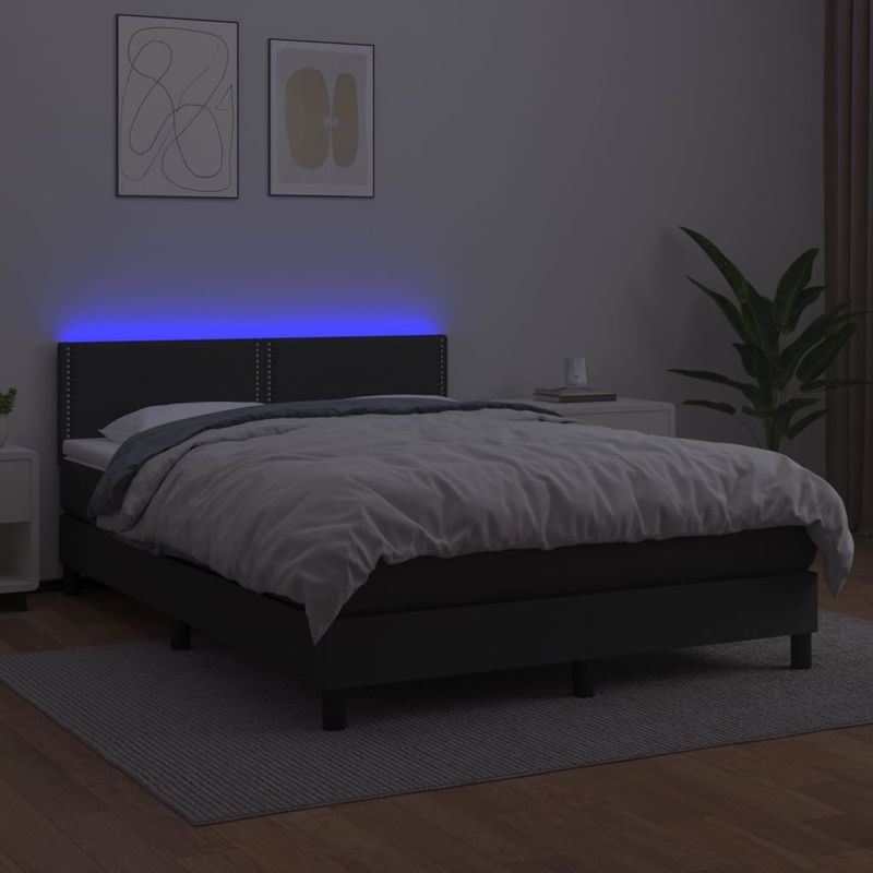 Casa si Gradina - Mobilier - Paturi si accesorii - Paturi - Pat continental cu saltea & LED, negru, 140x190 cm, piele eco - Infinity.ro