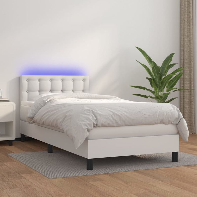 Casa si Gradina - Mobilier - Paturi si accesorii - Paturi - Pat continental cu saltea & LED, alb, 90x200 cm, piele eco - Infinity.ro