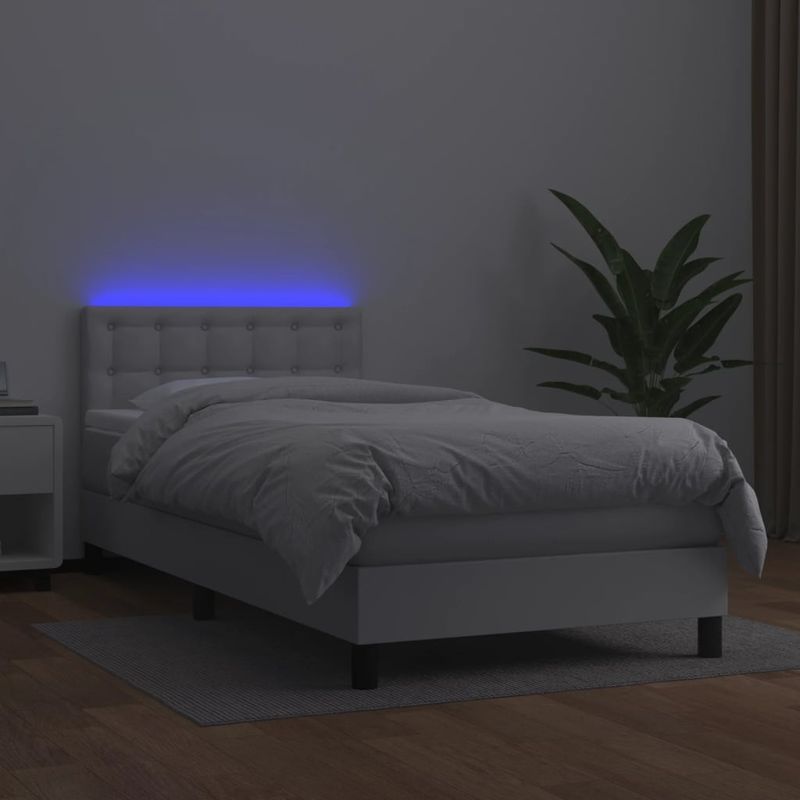 Casa si Gradina - Mobilier - Paturi si accesorii - Paturi - Pat continental cu saltea & LED, alb, 90x200 cm, piele eco - Infinity.ro