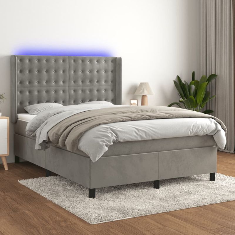 Casa si Gradina - Mobilier - Paturi si accesorii - Paturi - Pat cu arcuri, saltea si LED, gri deschis, 140x200 cm, catifea - Infinity.ro