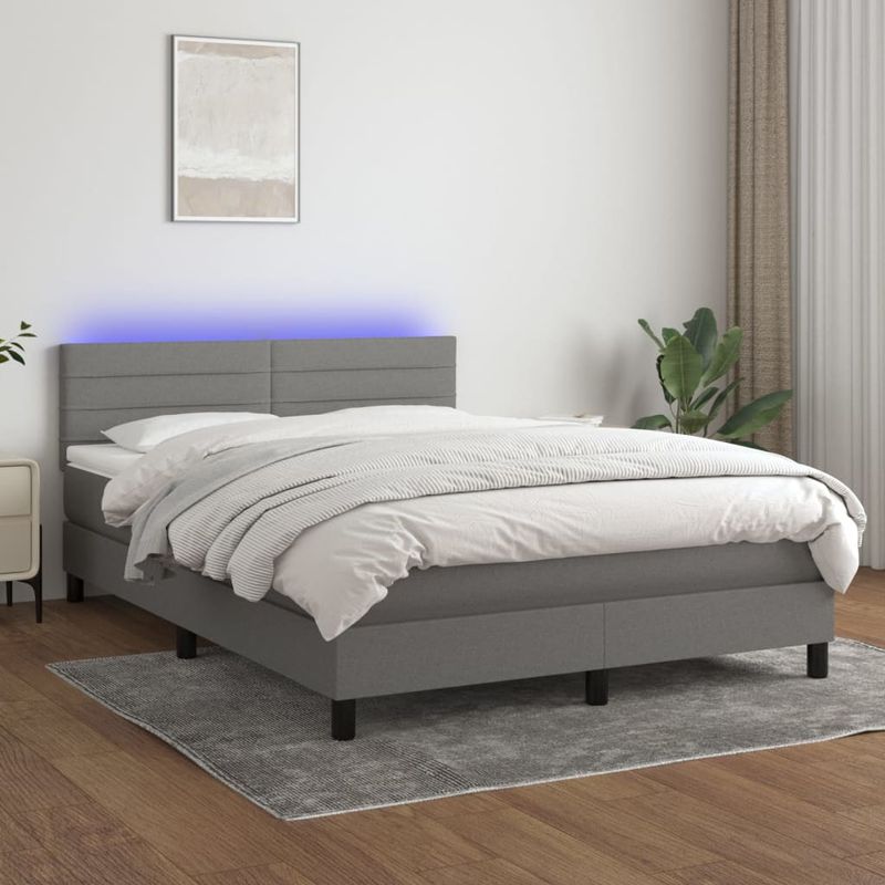 Casa si Gradina - Mobilier - Paturi si accesorii - Paturi - Pat cu arcuri, saltea si LED, gri inchis, 140x200 cm, textil - Infinity.ro