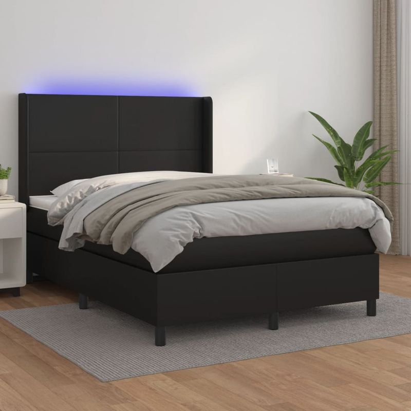 Casa si Gradina - Mobilier - Paturi si accesorii - Paturi - Pat cu arcuri, saltea si LED, negru, 140x200cm, piele ecologica - Infinity.ro