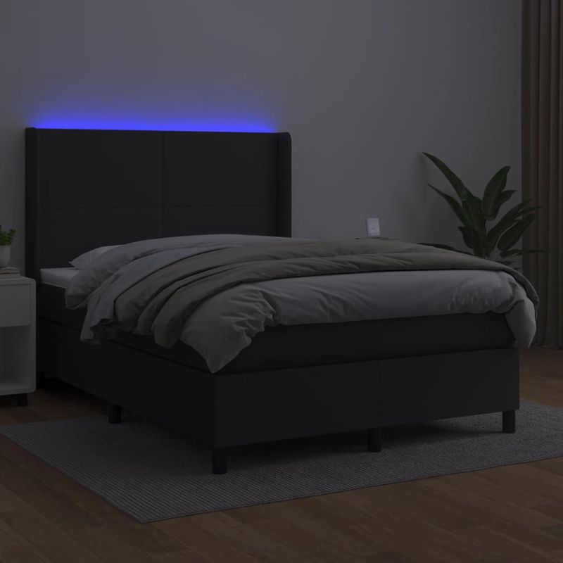 Casa si Gradina - Mobilier - Paturi si accesorii - Paturi - Pat cu arcuri, saltea si LED, negru, 140x200cm, piele ecologica - Infinity.ro