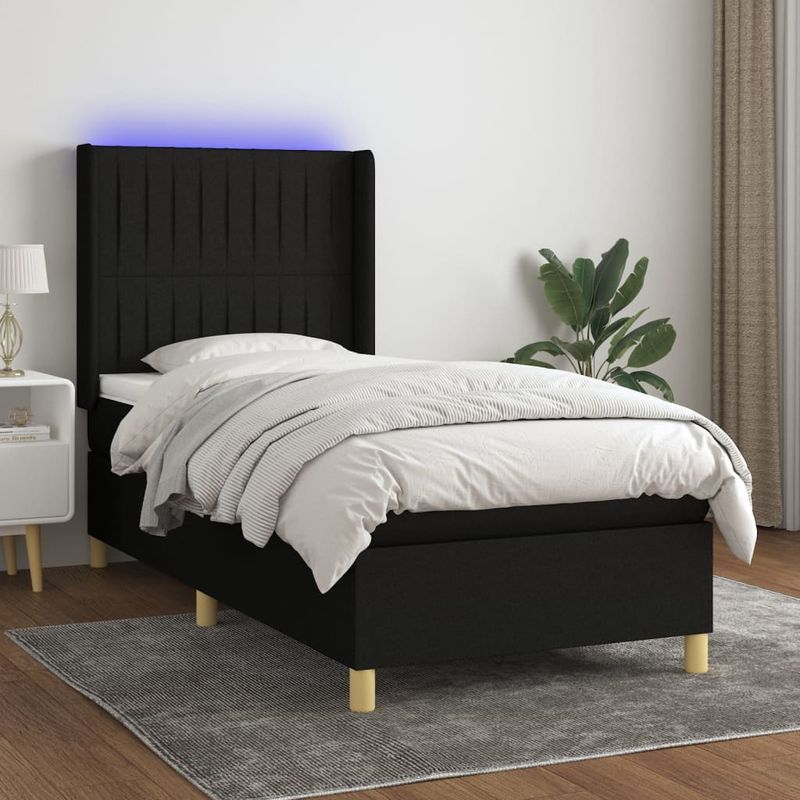 Casa si Gradina - Mobilier - Paturi si accesorii - Paturi - Pat cu arcuri, saltea si LED, negru, 90x200 cm, textil - Infinity.ro