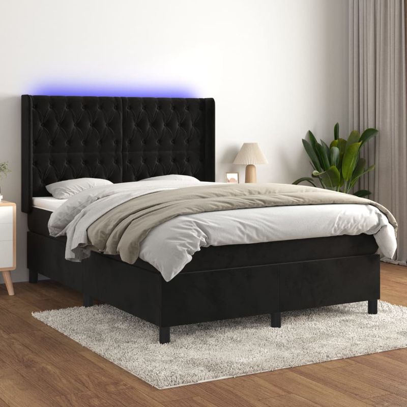 Casa si Gradina - Mobilier - Paturi si accesorii - Paturi - Pat cu arcuri, saltea si LED, negru, 140x190 cm, catifea - Infinity.ro