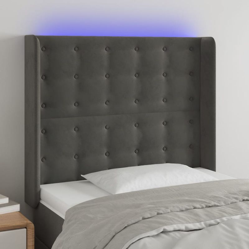Casa si Gradina - Mobilier - Paturi si accesorii - Accesorii paturi - Tablie de pat cu LED, gri inchis, 103x16x118/128 cm, catifea - Infinity.ro