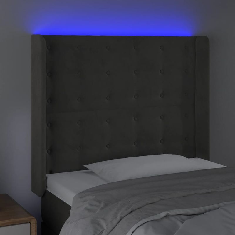 Casa si Gradina - Mobilier - Paturi si accesorii - Accesorii paturi - Tablie de pat cu LED, gri inchis, 103x16x118/128 cm, catifea - Infinity.ro