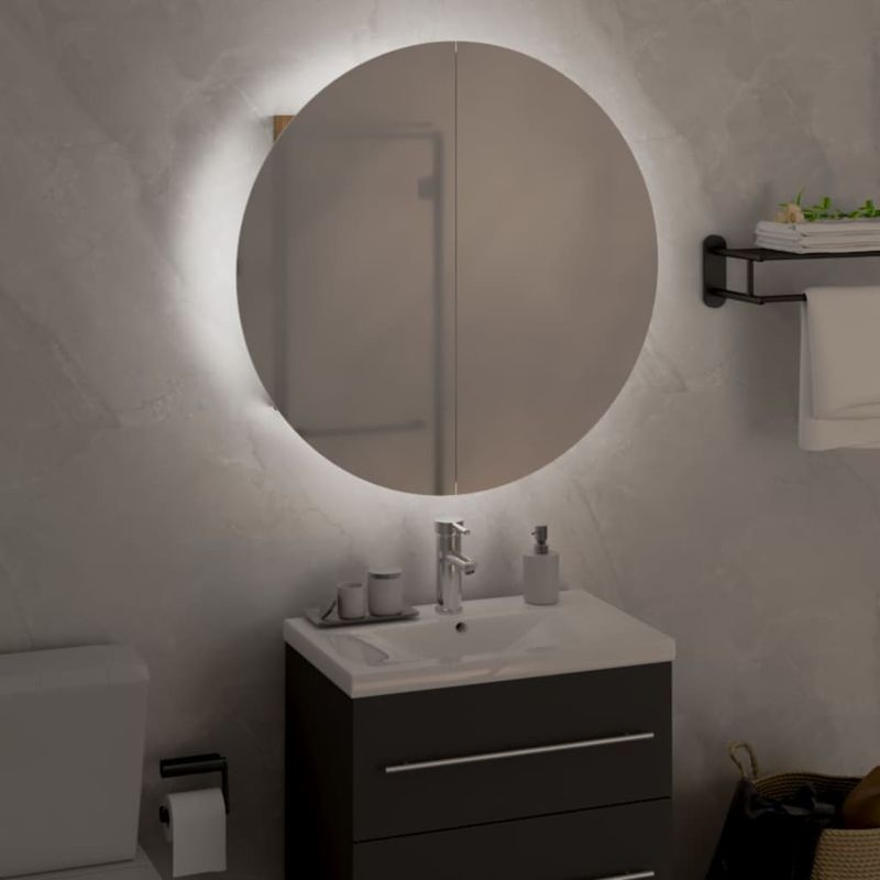 Casa si Gradina - Mobilier - Mobilier baie - Corpuri baie - Dulap de baie cu oglinda rotunda si LED, stejar, 47x47x17,5 cm - Infinity.ro
