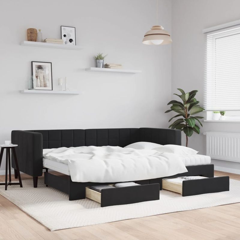Casa si Gradina - Mobilier - Paturi si accesorii - Paturi - Pat de zi cu extensie si sertare, negru, 90x190 cm, catifea - Infinity.ro