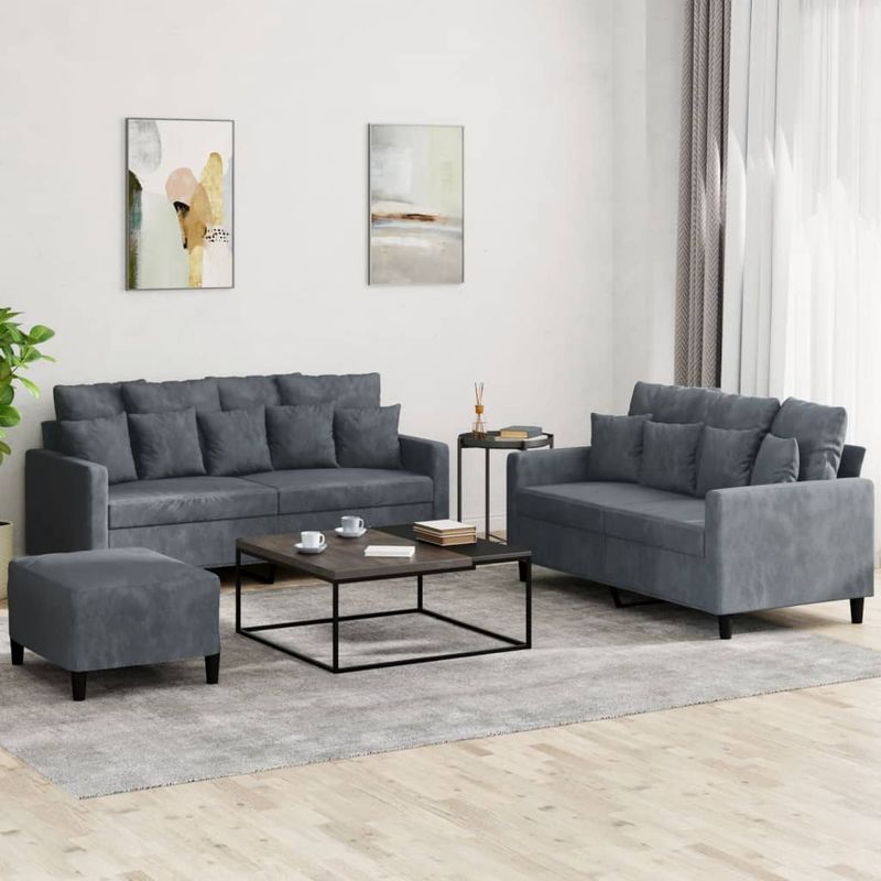 Casa si Gradina - Mobilier - Seturi de mobilier - Seturi living - Set de canapele cu perne, 3 piese, gri inchis, catifea - Infinity.ro