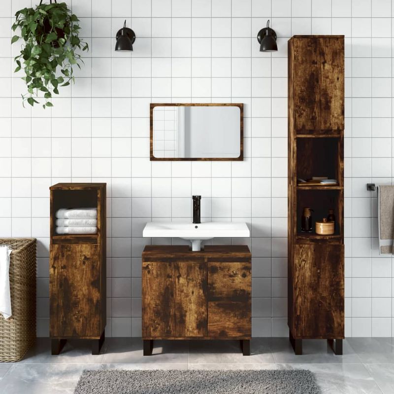Casa si Gradina - Mobilier - Seturi de mobilier - Seturi baie - Set mobilier de baie, 3 piese, stejar fumuriu, lemn prelucrat - Infinity.ro