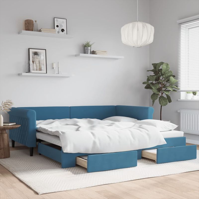 Casa si Gradina - Mobilier - Paturi si accesorii - Paturi - Pat de zi cu extensie si sertare, albastru, 100x200 cm, catifea - Infinity.ro