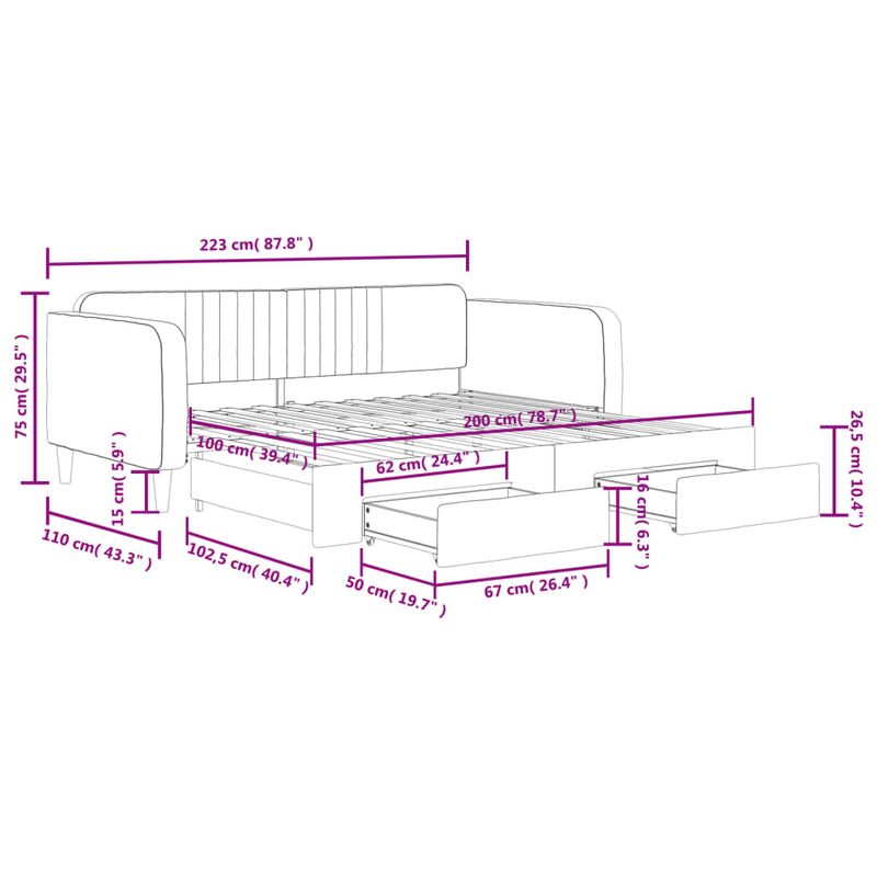 Casa si Gradina - Mobilier - Paturi si accesorii - Paturi - Pat de zi cu extensie si sertare, negru, 100x200 cm, catifea - Infinity.ro