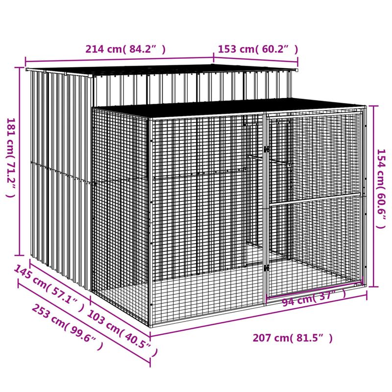 Petshop - Accesorii petshop - Culcusuri si custi - Tarcuri si colivii - Cusca de caine cu tarc antracit 214x253x181 cm otel galvanizat - Infinity.ro