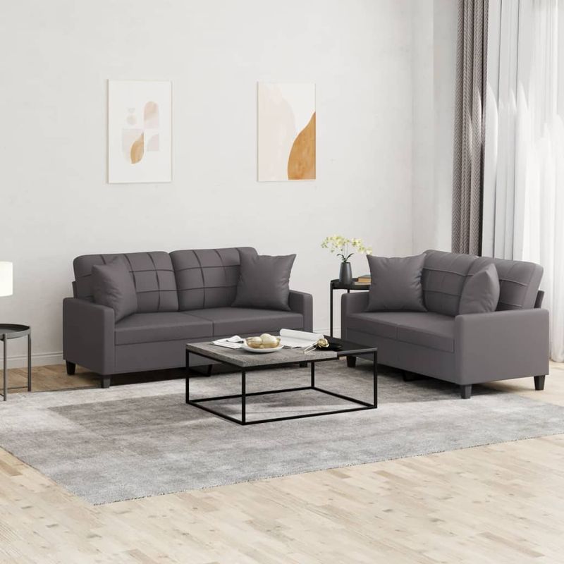 Casa si Gradina - Mobilier - Seturi de mobilier - Seturi living - Set de canapele cu perne, 2 piese, gri, piele ecologica - Infinity.ro