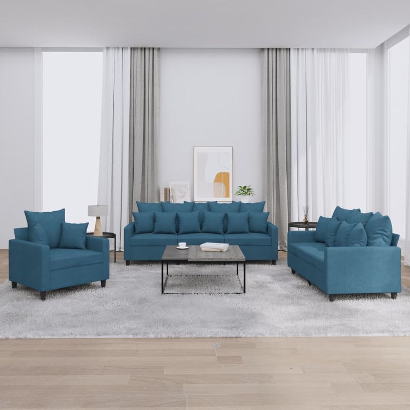 Casa si Gradina - Mobilier - Seturi de mobilier - Seturi living - Set de canapele cu perne, 3 piese, albastru, catifea - Infinity.ro
