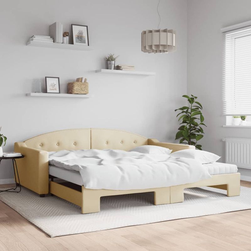 Casa si Gradina - Mobilier - Paturi si accesorii - Paturi - Pat de zi cu extensie si saltele, crem, 100x200 cm, textil - Infinity.ro