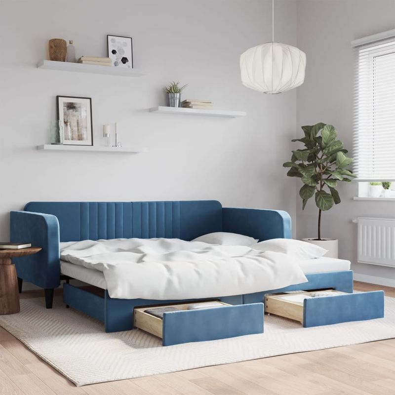 Casa si Gradina - Mobilier - Paturi si accesorii - Paturi - Pat de zi cu extensie si sertare, albastru, 100x200 cm, catifea - Infinity.ro