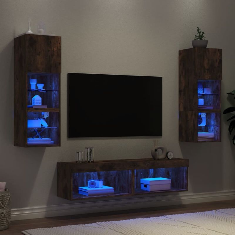 Casa si Gradina - Mobilier - Comode si corpuri - Comode - Unitati de perete TV cu LED-uri, 6 piese, stejar fumuriu, lemn - Infinity.ro