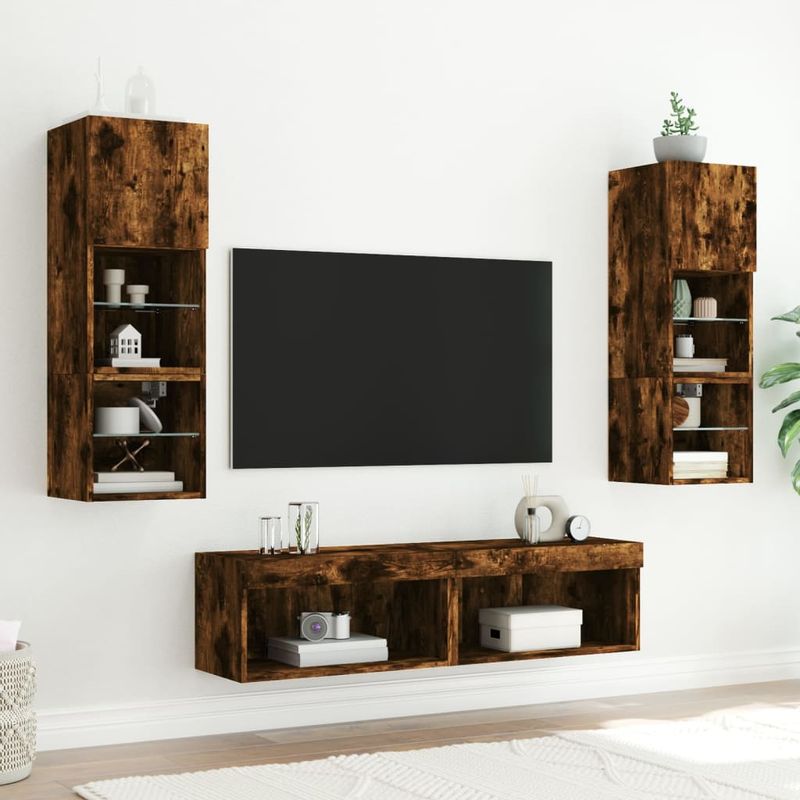 Casa si Gradina - Mobilier - Comode si corpuri - Comode - Unitati de perete TV cu LED-uri, 6 piese, stejar fumuriu, lemn - Infinity.ro