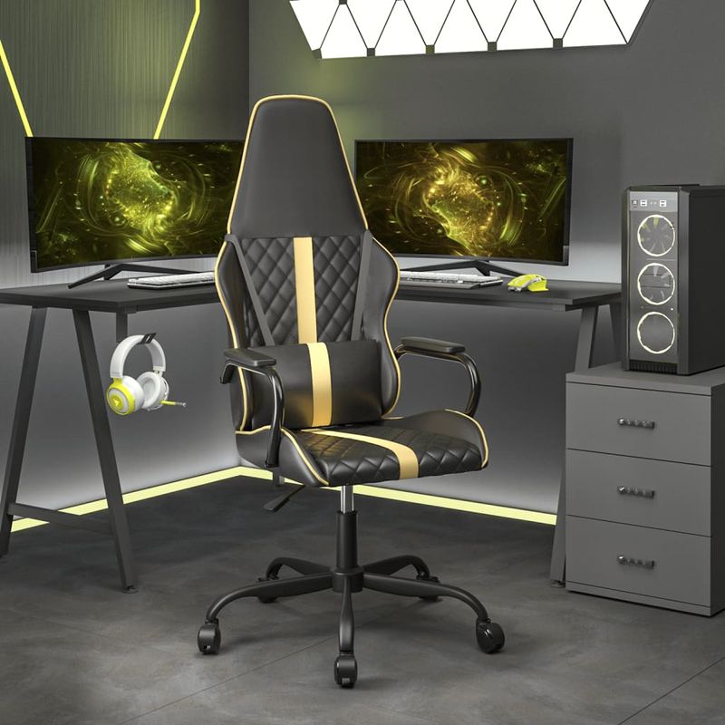 PC, gaming si accesorii - Gaming - Accesorii gaming - Scaune gaming - Scaun de gaming de masaj, negru si auriu, piele ecologica - Infinity.ro