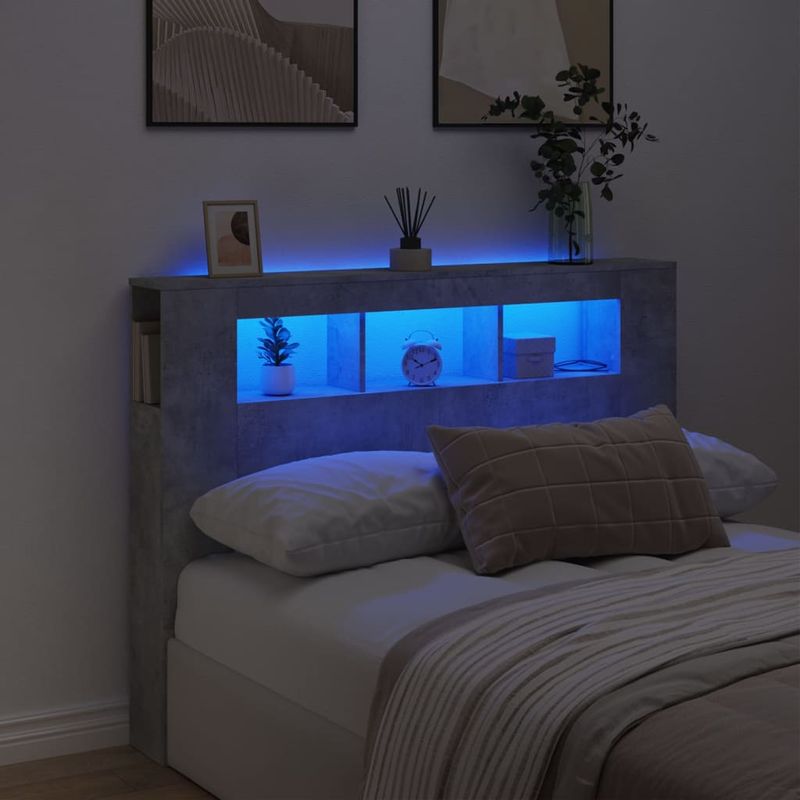 Casa si Gradina - Mobilier - Paturi si accesorii - Accesorii paturi - Tablie de pat cu LED, gri beton, 140x18,5x103,5 cm, lemn - Infinity.ro